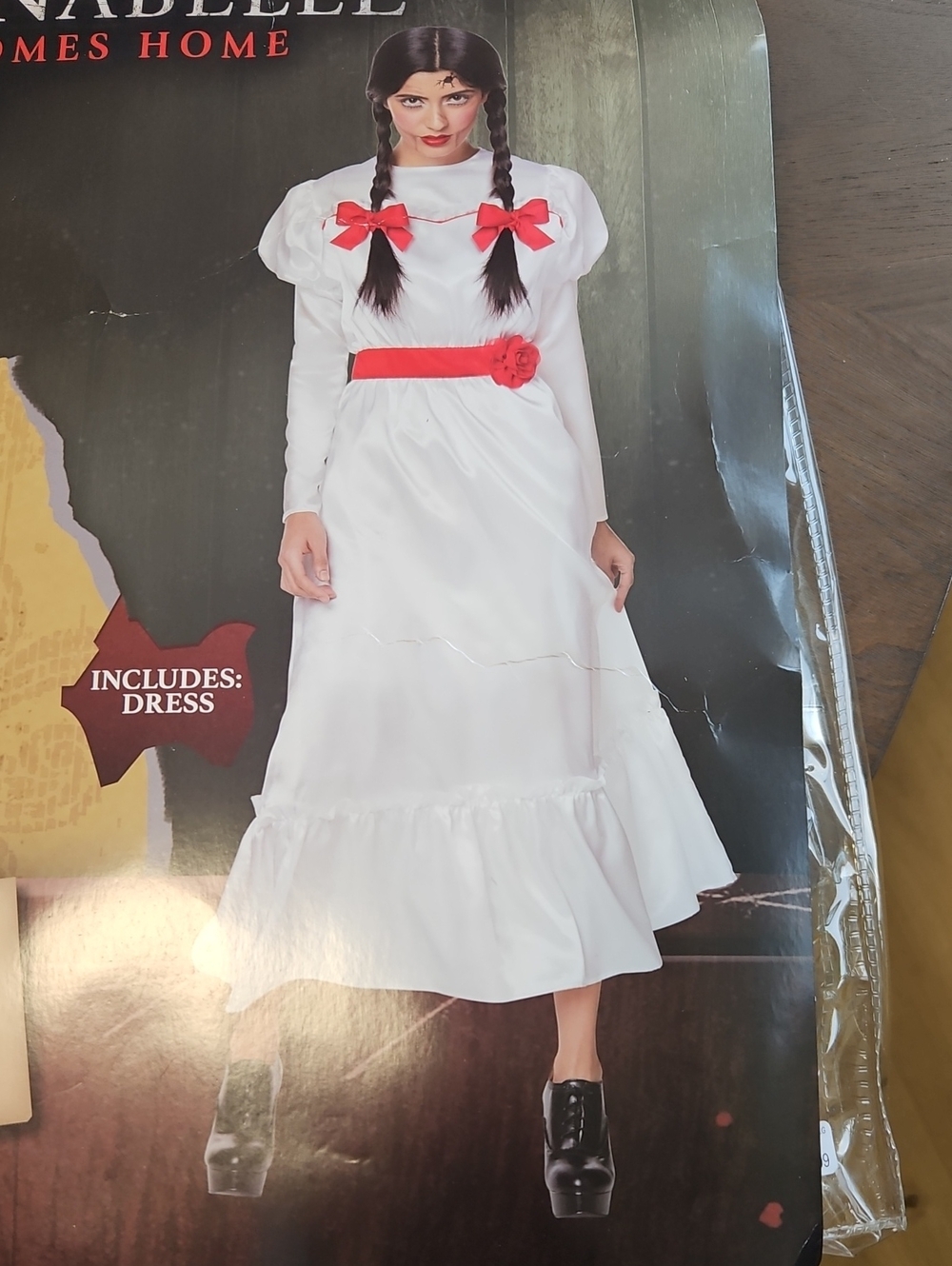 The Conjuring Annabelle Doll Cosplay Costume Bundle - Adult Large Dress Wig Bows